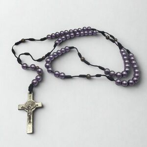 Mauve Purple Pearl Fabric Corded Rosary Catholic Vintage